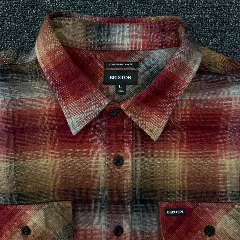 Brixton Bowery Flannel Shirt Mens Large Red Orange Plaid Long‎ Sleeve Button Up